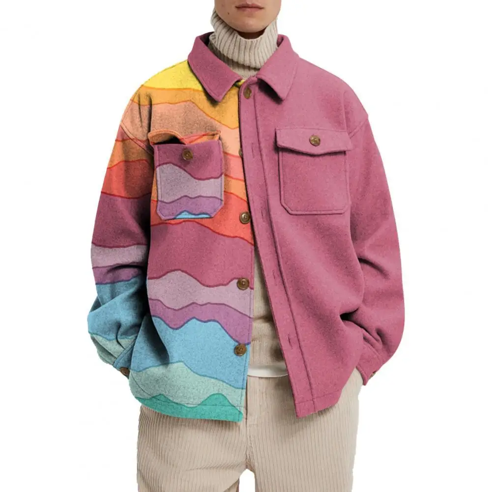 

Men Coat Unique Pattern Turn-down Collar Loose Casual Woolen Jacket Men Loose Printed Jacket Winter Outfit 2021 Autumn