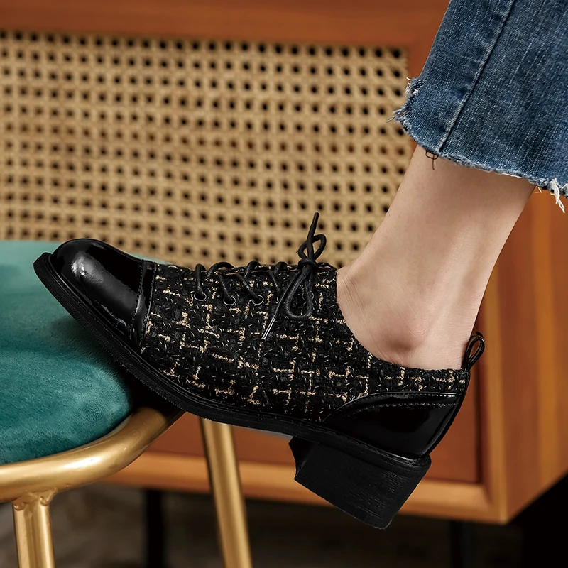 

QZYERAI Personalized Design Mixed Color Women Patent Leather Pumps Lace-Up Round Toe Full Genuine Leather Fashion Street Shoes