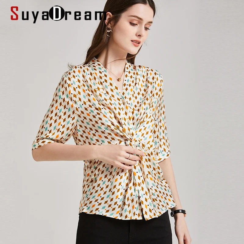 SuyaDream Woman Print Blouses Silk Satin Short Sleeves V neck Chic Office Lady Blouse Shirt 2021 Spring Summer Top