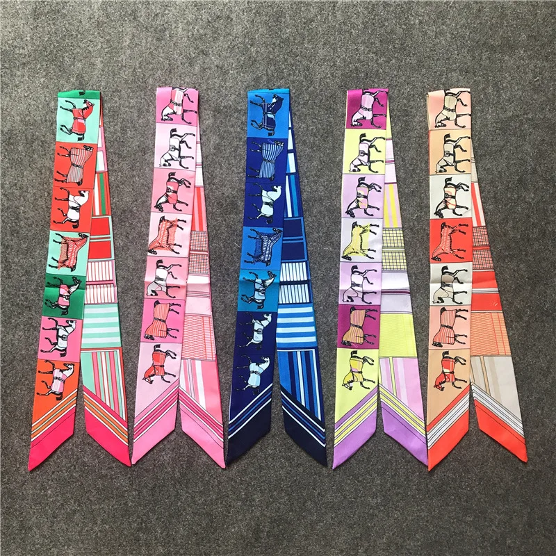 

2021 Horse Pattern Geometric Print Lady Silk Feeling Riband Scarves Bags Scarf Small Ribbon Hair Band Bandeaus Clothing Match