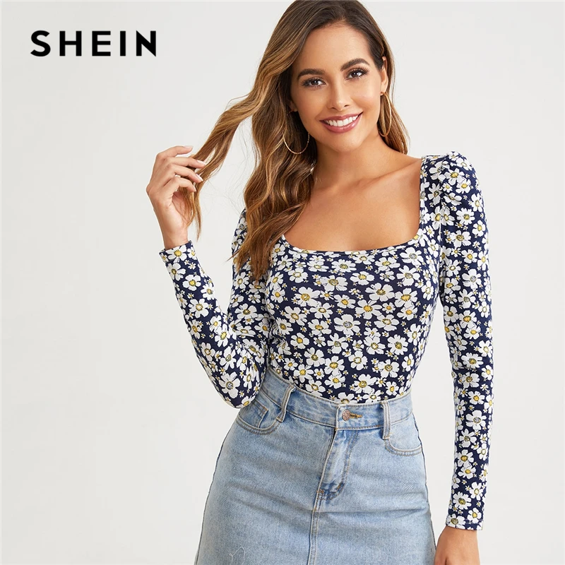SHEIN, квадратная горловина, Маргаритка, цветочный принт, облегающая футболка, женские топы, осенняя элегантная Офисная Женская футболка с длинными рукавами