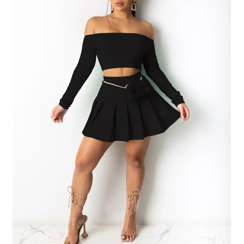 

2 Piece Set For Women Sweet Dress Suits 2021 Long Sleeve Off Shoulder Crop Top & Pleated Skirt Set