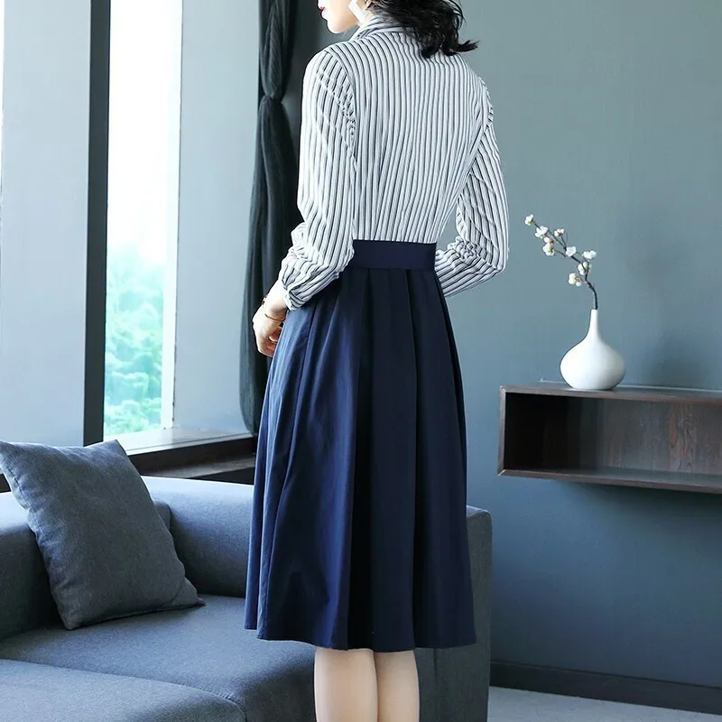 Женское платье рубашка в полоску повседневное ТРАПЕЦИЕВИДНОЕ ПЛАТЬЕ С V образным