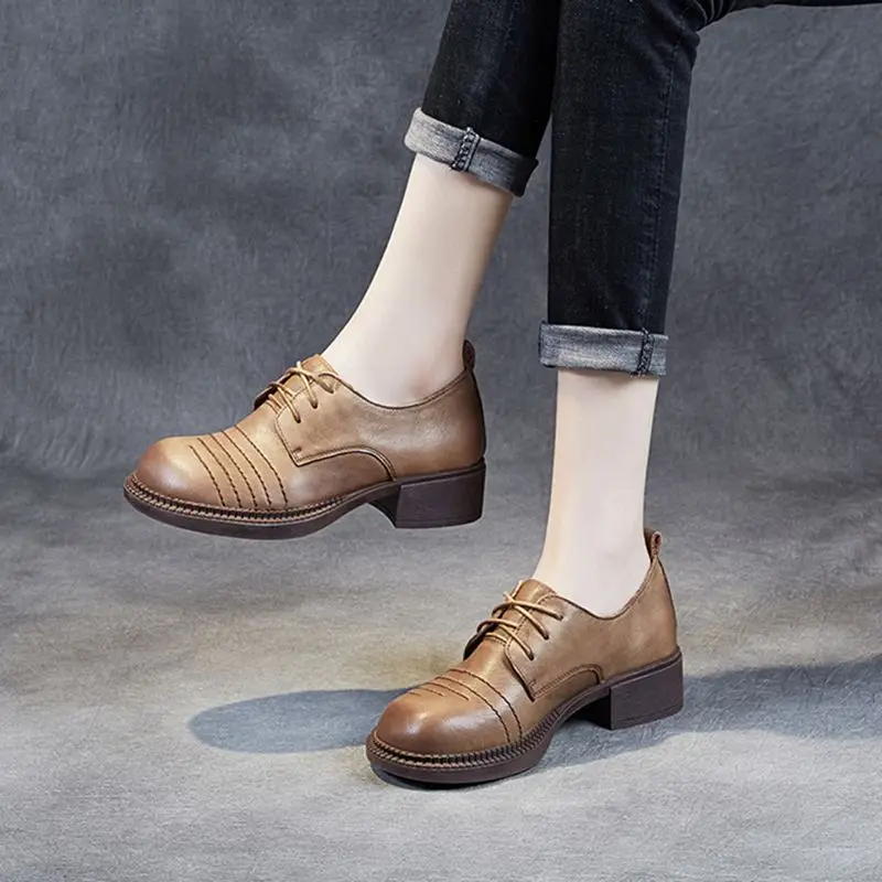 

Single shoes women's leather women's shoes middle heel lace up round shoes new leather low top shoes in spring 2021