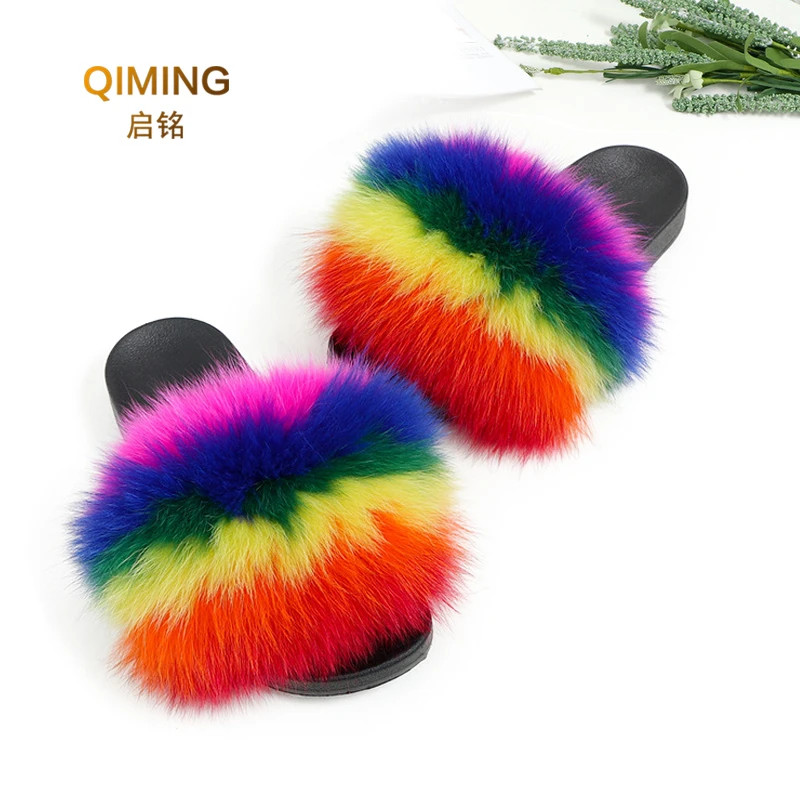 Сланцы женские из натурального Лисьего меха шлепанцы енота пушистые меховые