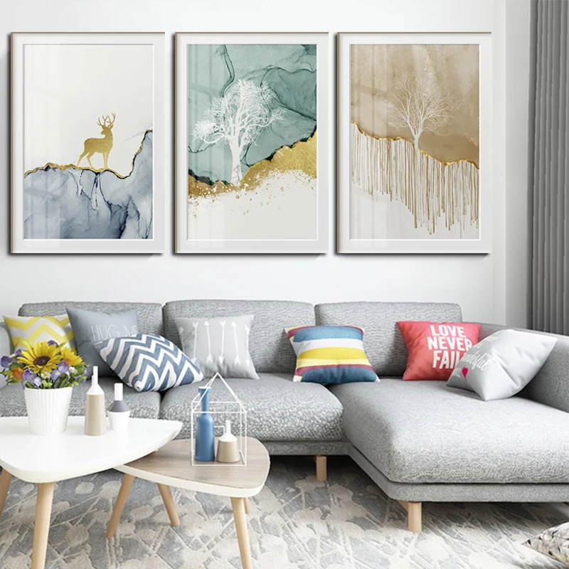 Абстрактный Золотой олень и птица холст для живописи Современное украшение дома