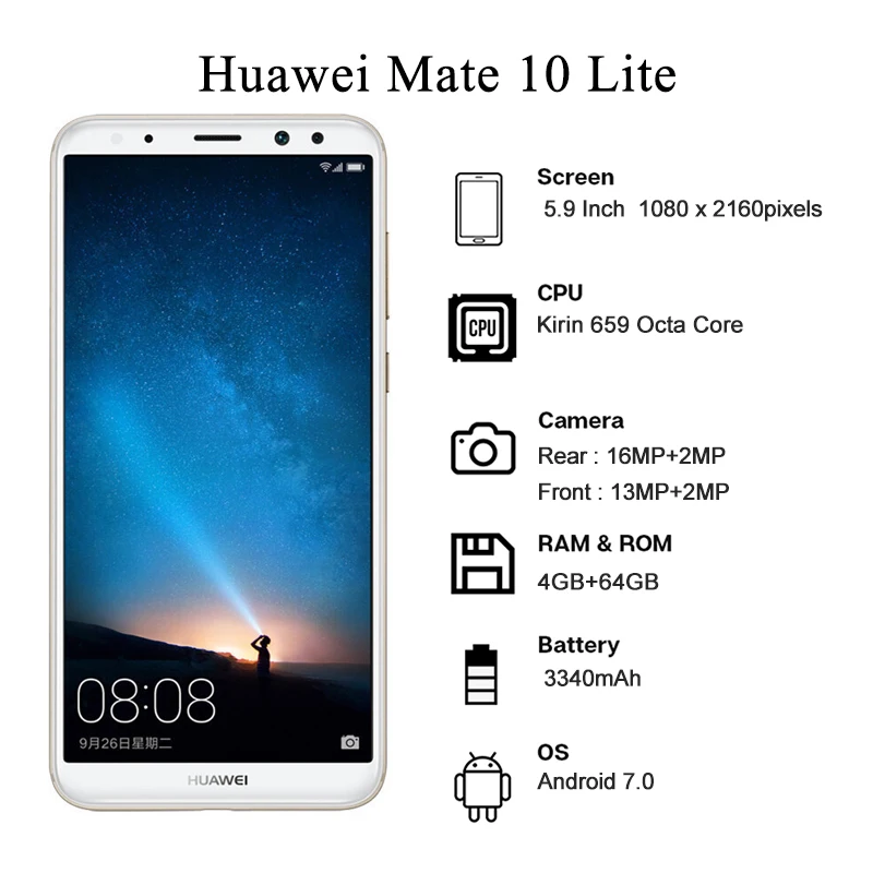 celular huawei mate 10 lite smartphone 4gb 64gb kirin 659 16mp rear camera 3340 mah mobile phones refurbished free global shipping