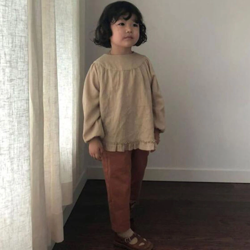 2020 г. Весенние блузки для маленьких девочек Осенняя хлопковая льняная рубашка