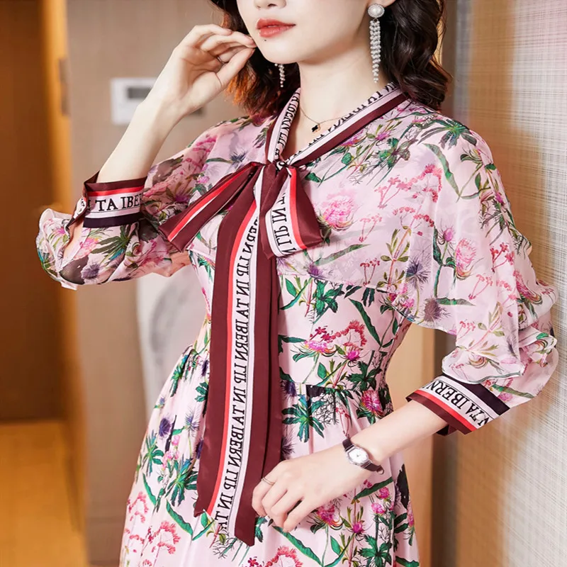 2020 spring new large size Dresses Women female temperament lotus leaf sleeve stitching floral silk print dress long | Женская одежда