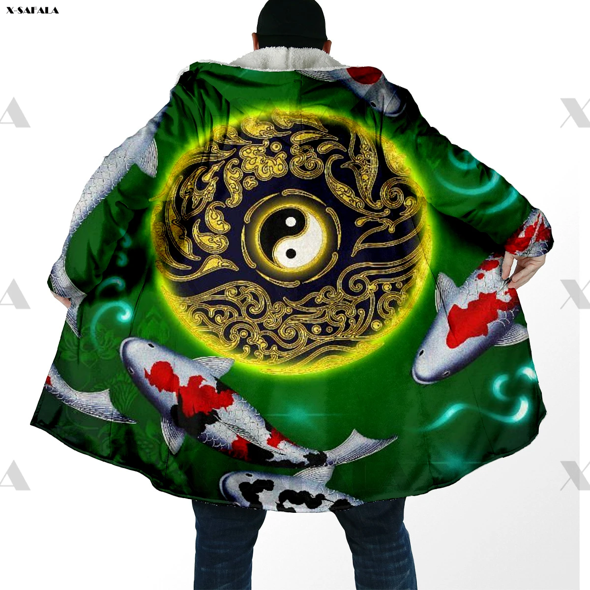 

Japan Great Koi Fish Yin Yang 3D Printed Hoodie Long Duffle Topcoat Hooded Blanket Cloak Thick Jacket Cotton Cashmere Fleece