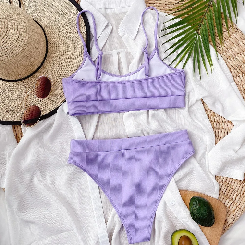 

Sexy High Waist Bikinis Swimsuits Women Push Up Swimwear Ribbed Strap Bathing Suit Biquini Brazilian Bikini 2021 New Beachwear