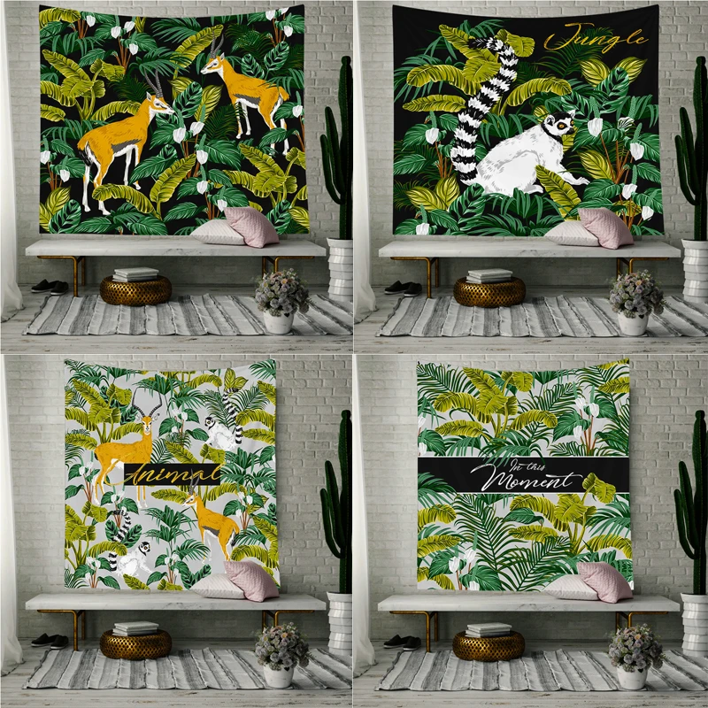 3D зеленый гобелен с изображение листьев Тропическое растение животными