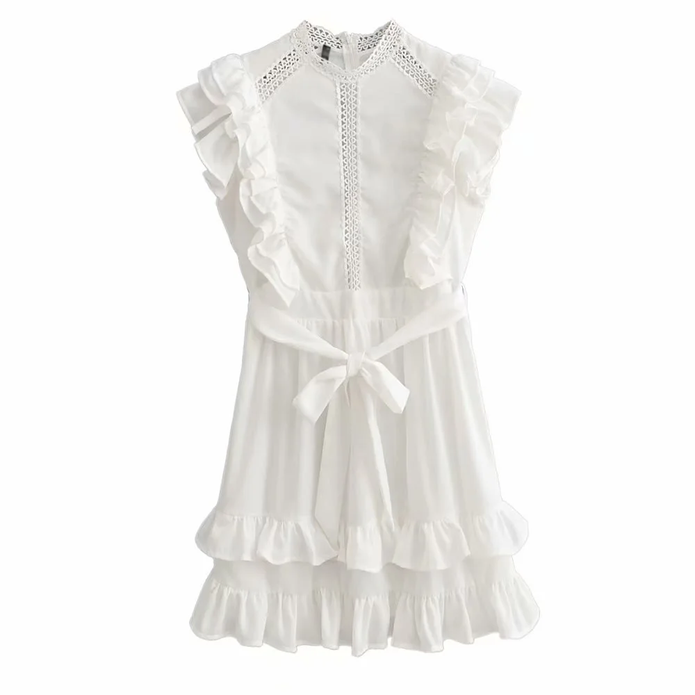 Женское винтажное мини платье с кружевными оборками модное ажурное рукавами