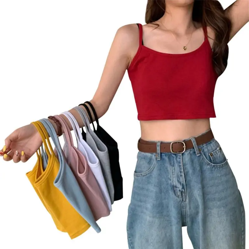 

Женский облегающий Топ без рукавов, летний однотонный короткий топ на бретелях-спагетти в Корейском стиле