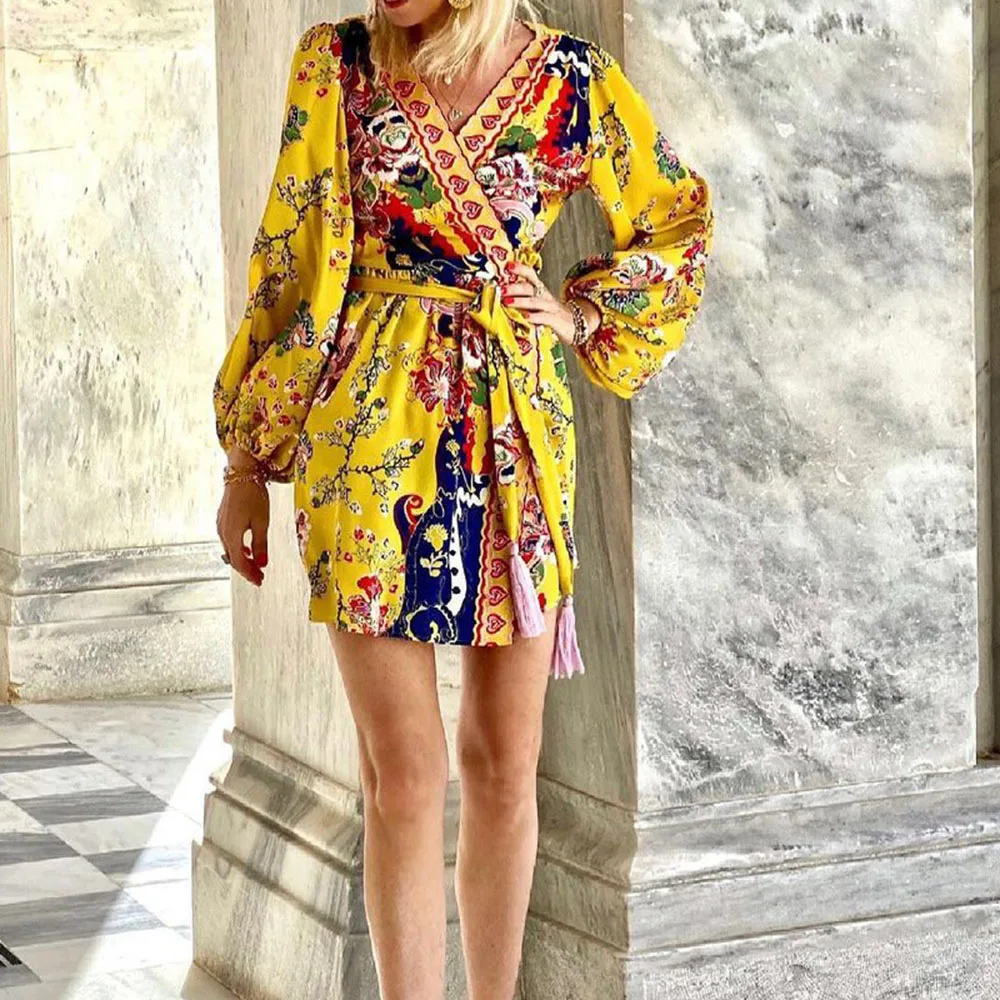 

Western Style Fashion Oversize 2021 Summer Ladies Dress Temperament Casual Simple Designer Printing High Waist Lantern Sleeve