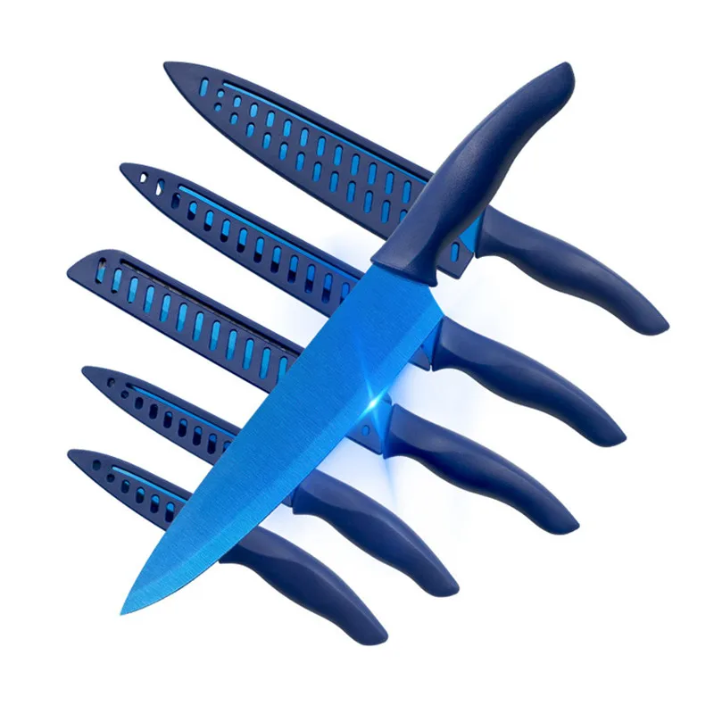 6 шт. Набор кухонных ножей из нержавеющей стали с матовым черным титановым покрытием, острые профессиональные с ножнами на.