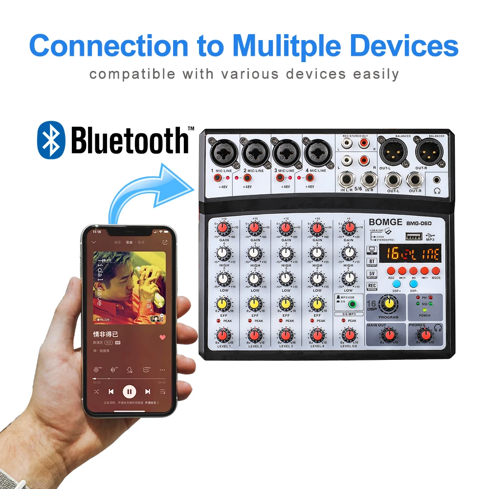 2021 New Wireless 6 Channel Audio Mixer Portable Mixing Console USB Interface Sound Card With 16 DSP Echo 48V Phantom Power | Спорт и