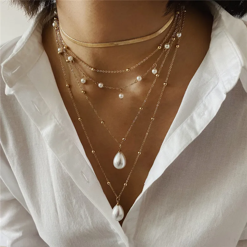 

Multi Layer Long Necklace for Women Imitation Pearl Choker Necklace Collars Statement Necklace Summer Jewelry