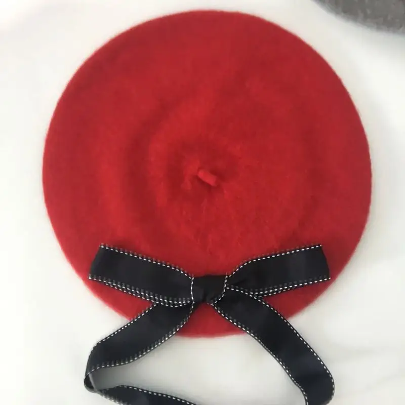 

2021 New 3 Colors Fashion Beret Caps for Women Soft Bow Elegant French Artist Warm Wool Winter Beanie Hat Headwear