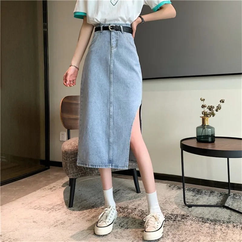 

Women Korean Long Jeans Skirt Midi Loose High Waist Denim Skirt Slits Zipper A-Line Summer Demin Skirt y2k skirt BSQ232