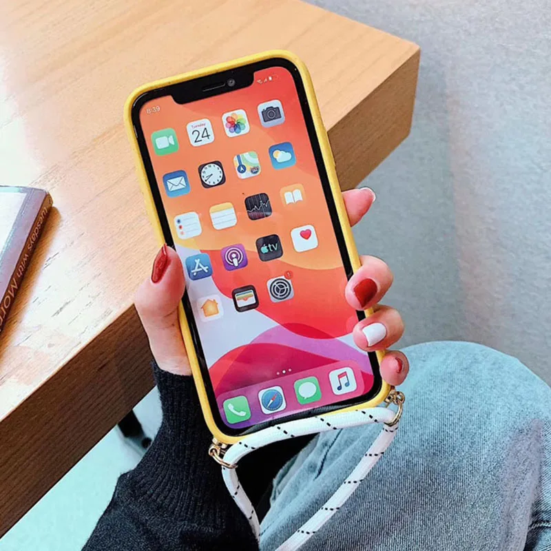 Solid Color Crossbody Cord Chain Phone Case For iPhone 11 Pro Max XR X XS 7 8 6S Plus Soft Silicone Cover With Rope | Мобильные