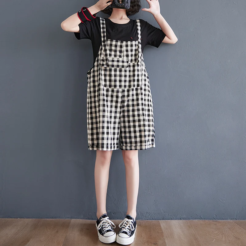 

6508 Plaid Playsuit Women Urban Elegant Girls Vintage Rompers Wide Leg Plus Size Loose Casual Sleeveless Short Jumpsuits Mujer