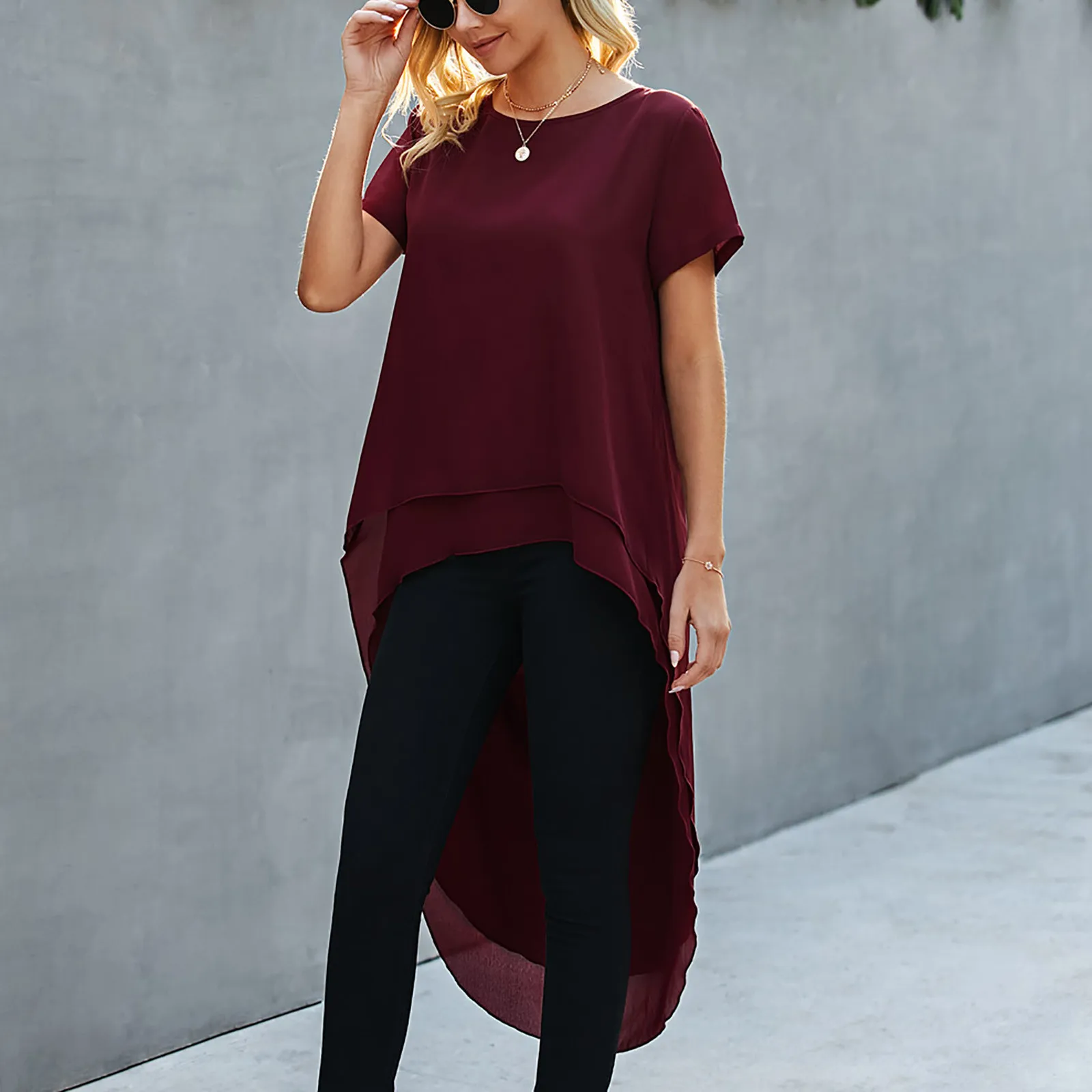 

Women Asymmetrical Tops 2021 Summer Sexy Sleeve Round Neck Blouses Casual Loose Cotton Tunic Solid Blouse Pullover Shirt Tops