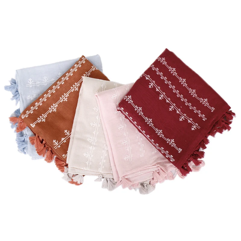Вышитый хлопковый шарф-шаль с бахромой, вискозный хиджаб от индийских гладких хлопковых шарфов и оберточных платков, фуляр, сяль, мусульманский бандана.