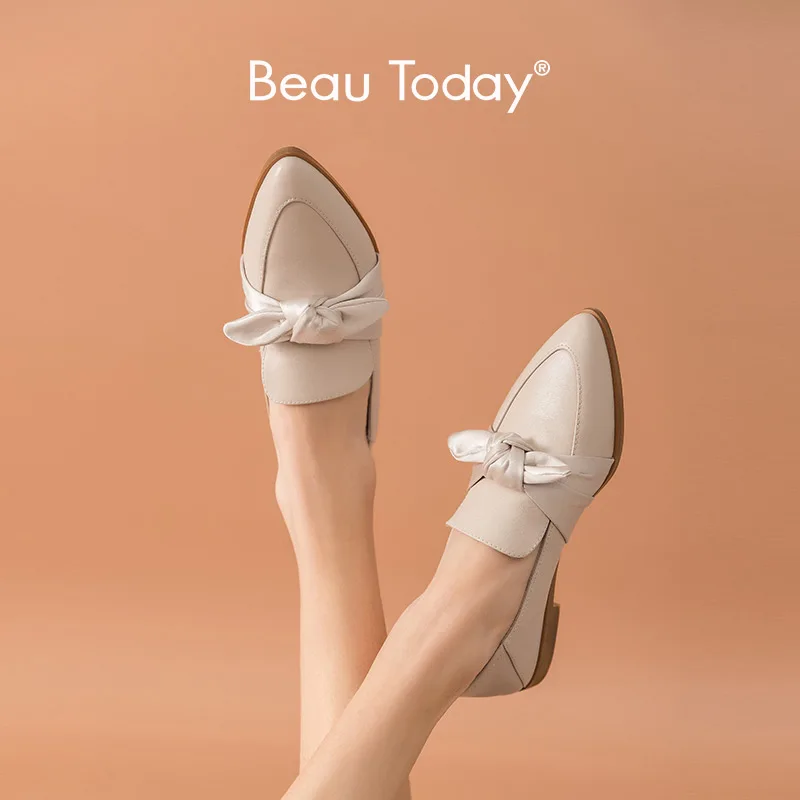 

Лоферы BeauToday женские из натуральной коровьей кожи, без застежки, с узлом-бабочкой, с острым носком, на плоской подошве, ручная работа, весна ...