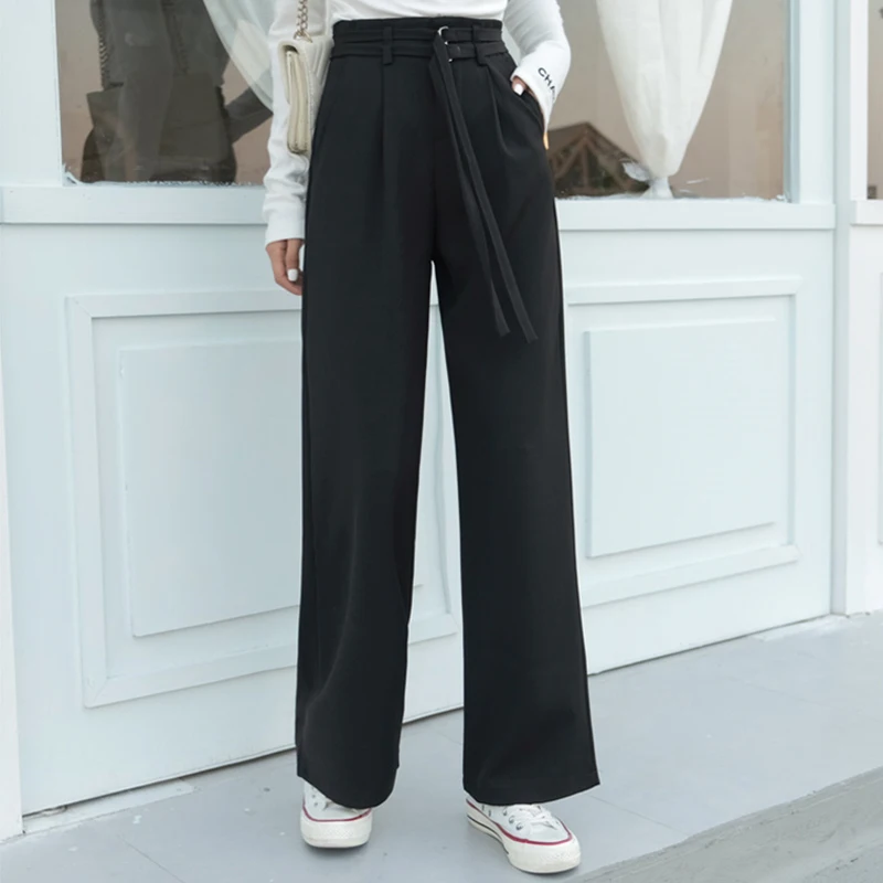 Женские широкие брюки с высокой талией BGTEEVER свободные длинные поясом офисные 2019 |