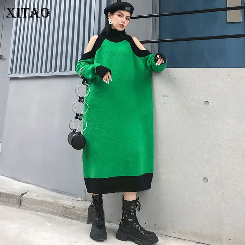 XITAO сексуальное трикотажное платье с открытыми плечами пэчворк хит цвета женская