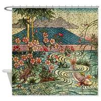 Japanese Vintage Scenery Mt Fuji Koi Fish Cherry Blossom Frog Stained Glass Shower Curtain
