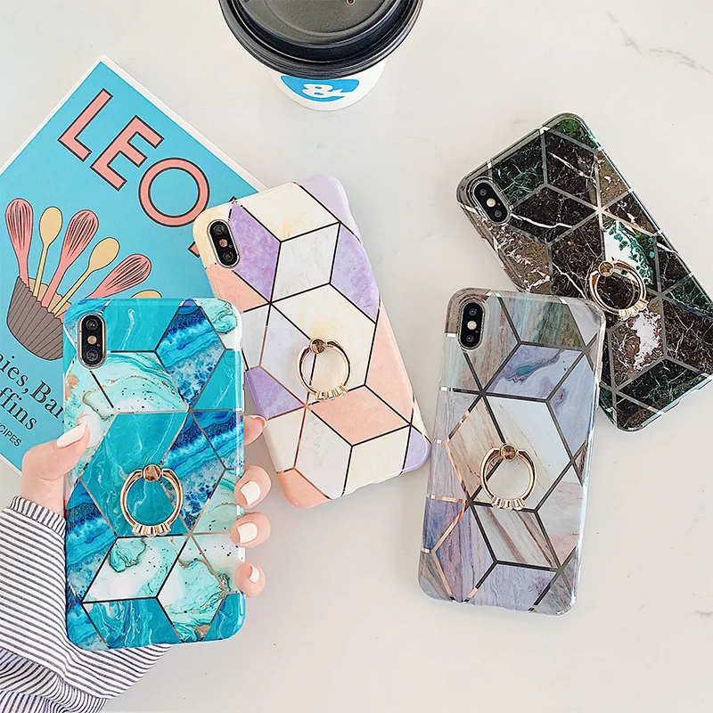Мраморный чехол с кольцом держателем для iPhone X подставка телефона 6 6s 7 8 Plus XR XS Max