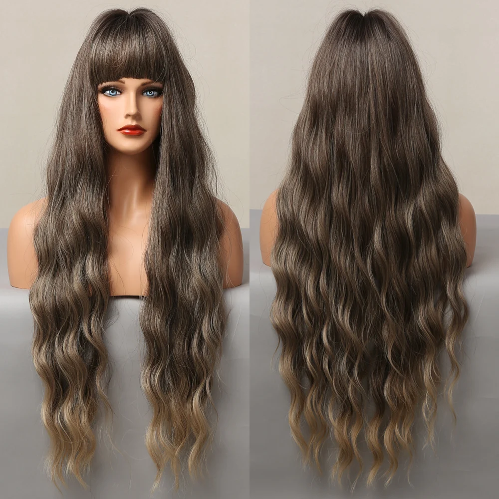 

Ombre Black Brown Synthetic Wigs with Full Bangs Long Deep Wavy Wigs for Women Cospaly Daily Party Faker Hair Heat Resistant