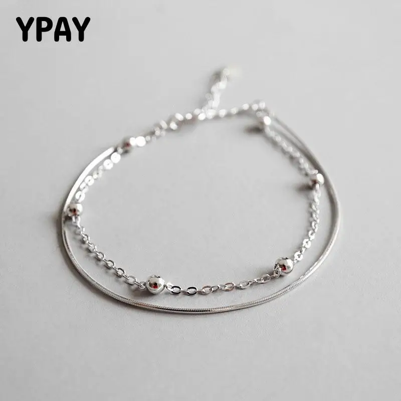 Женский двухслойный браслет YPAY серебряный на щиколотке с бусинами из серебра 925