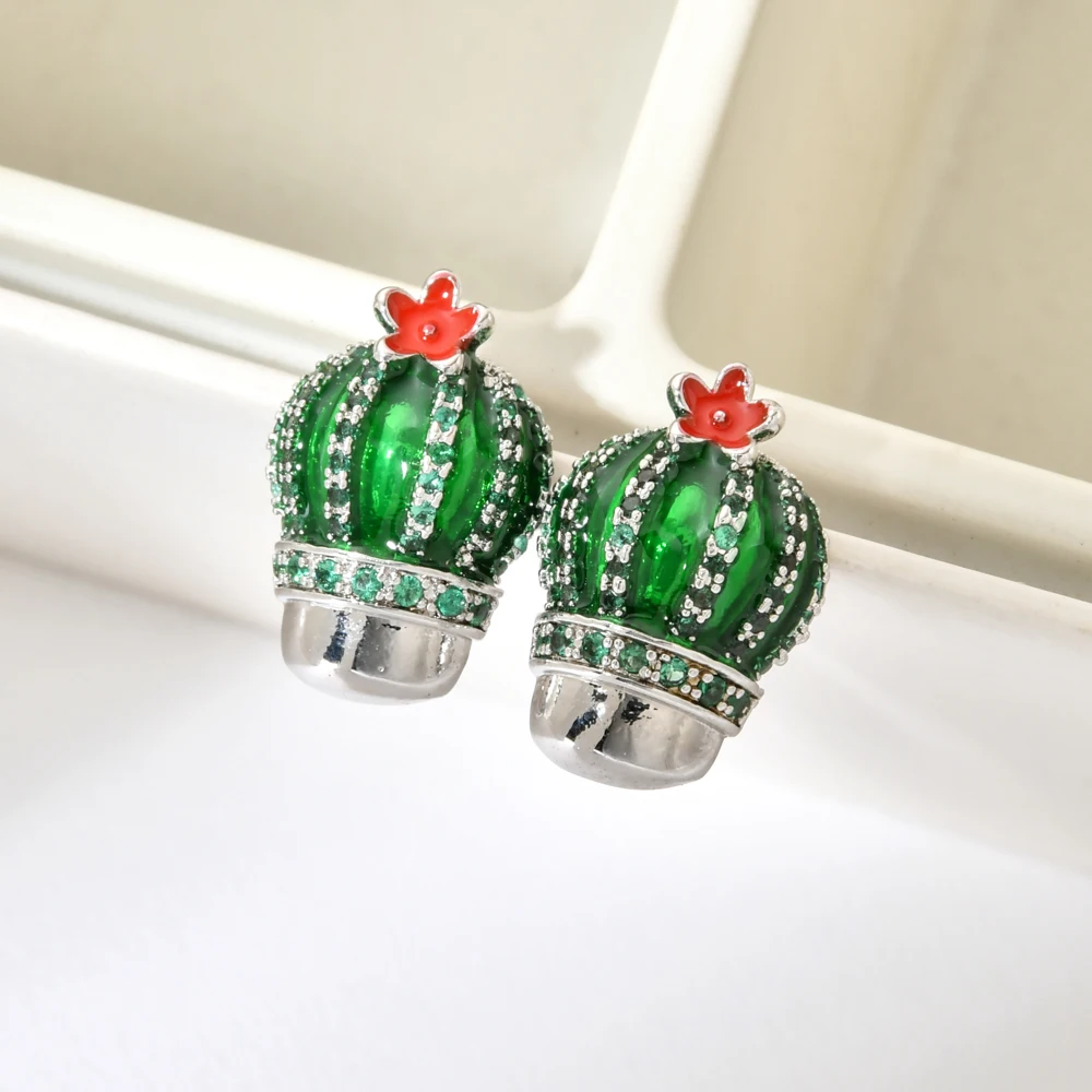 Корейские модные Романтические циркониевые серьги с зеленым КАКТУСОМ для