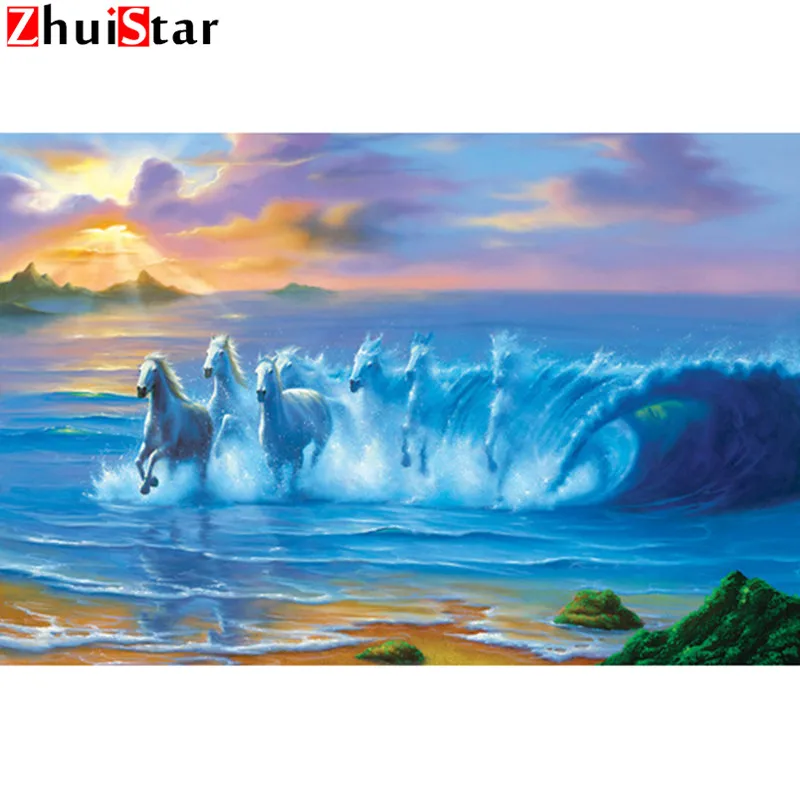 

Full Diamond 5D DIY Diamond Painting Seaside Horse Group Diamond Embroidery Cross Stitch Mosaic Art Painting Home Decoration