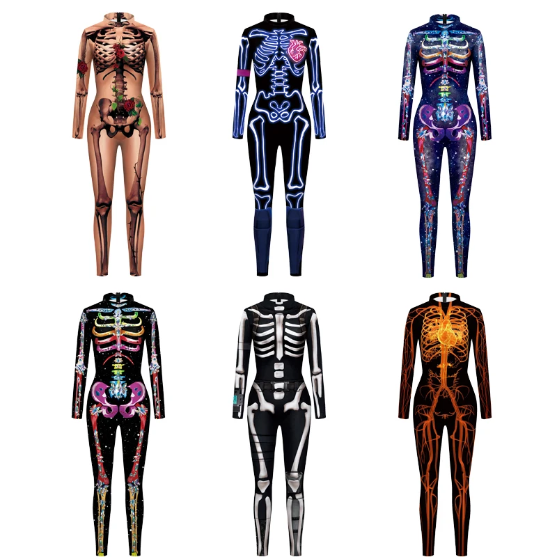 Женские и мужские костюмы для косплея комбинезоны с принтом скелета на Хэллоуин
