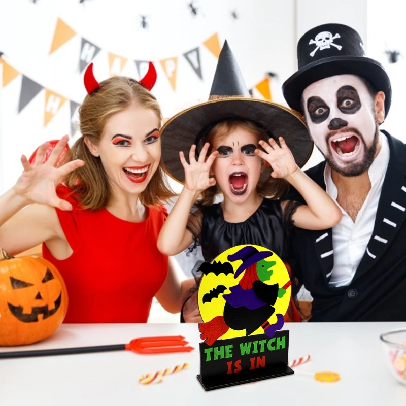 Декор Настольный деревянный в виде Луны и ведьмы на Хэллоуин креативный для дома