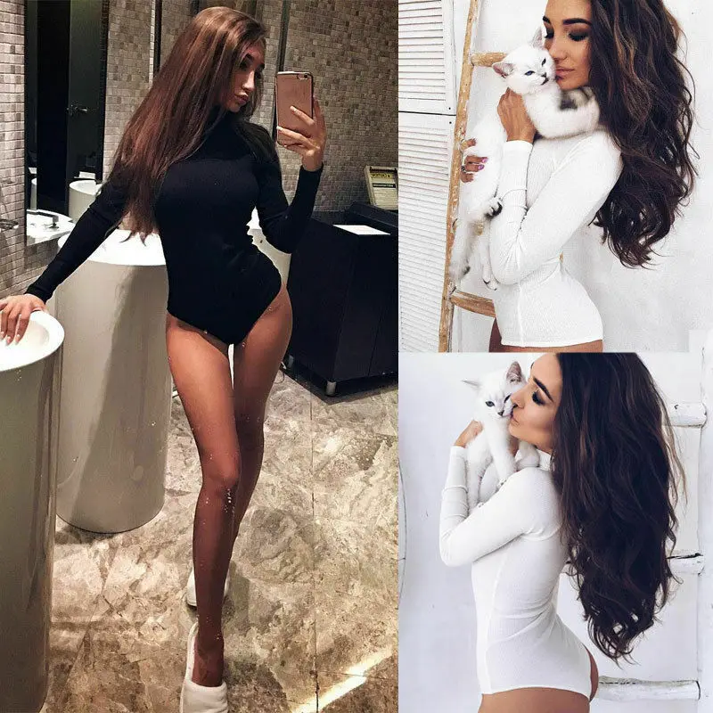 

Women Sexy Ladies Fashion Turtleneck Long Sleeve Shirt Rompers Jumpsuits Sexy Bodysuits Knit Stretch Plain Leotard Bodycon Tops