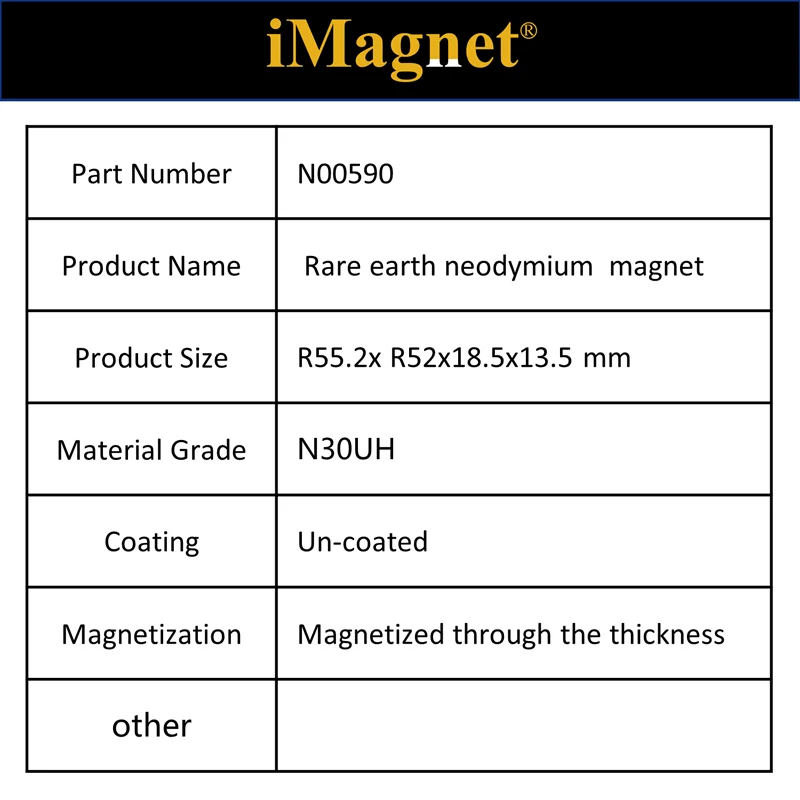 N00590 10 шт N30UH Блок Сильный редкоземельный неодимовый магнит R55.2x R52x18.5x13.5mm плитка
