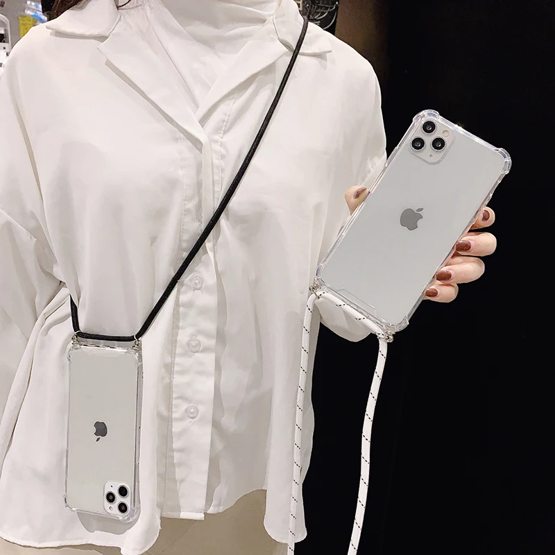 

Transparent Carry Necklace Lanyard Phone Case For iPhone 12 11Pro XS Max XR X 7 8 6s Plus Strap Cord Chain Shockproof Back Cover