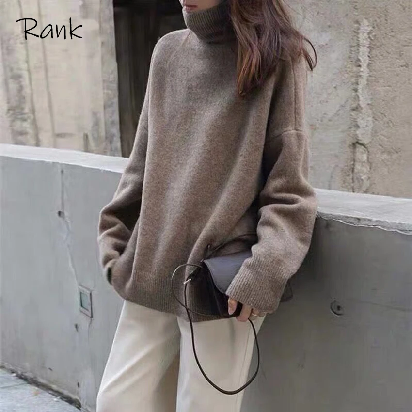 

Rank Women's High Neck Loose Wool Sweater Sweater Pullover Thick Knitted Cashmere Sweater Outer Wear Base Large Size Warm Top