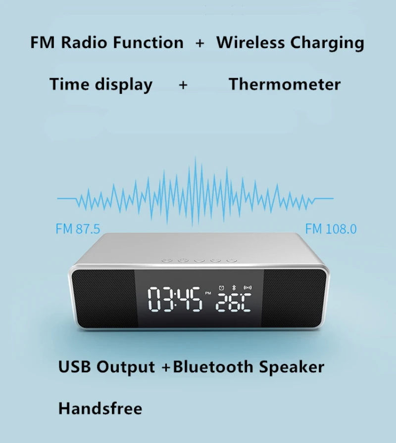 FM Radio Bluetooth Speaker Alarm Clock Temperature Time Display With Wireless Mobile Phone Charging LED Electronic Desktop Decor | Дом и сад