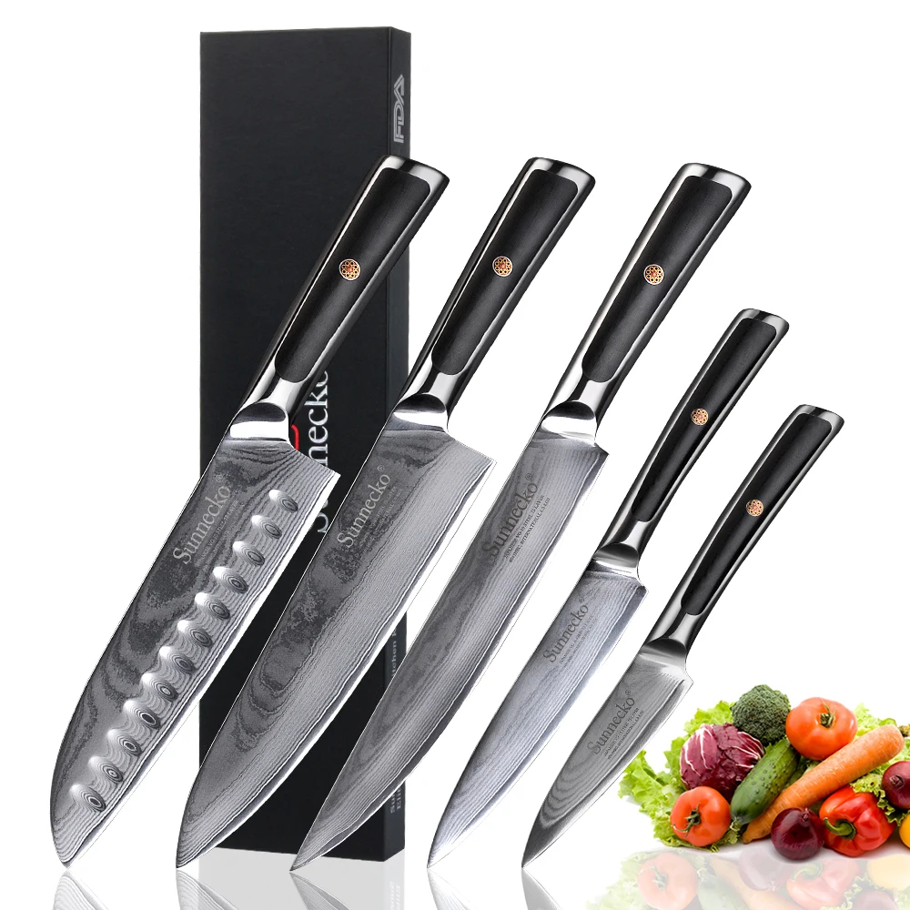 

SUNNECKO Chef Knife Damascus Santoku Slicing Utility Paring knife Set Japanese VG10 Steel Sharp Blade G10 Handle Kitchen Knives