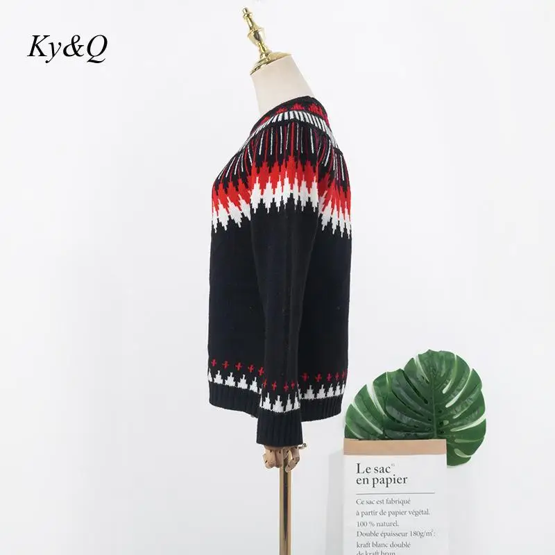 

Women o Neck Knit Sweater Red White Jacquard Weave Long Sleeve Warm Intarsia Pullover 2021 Christmas Geometric Argyle Out wear