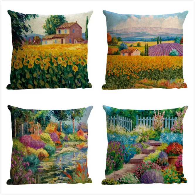 

Oil Painting pillow cover, creative cartoon Landscape Sunflower Lavender Oil Painting fox throw pillow case pillowcase wholesale