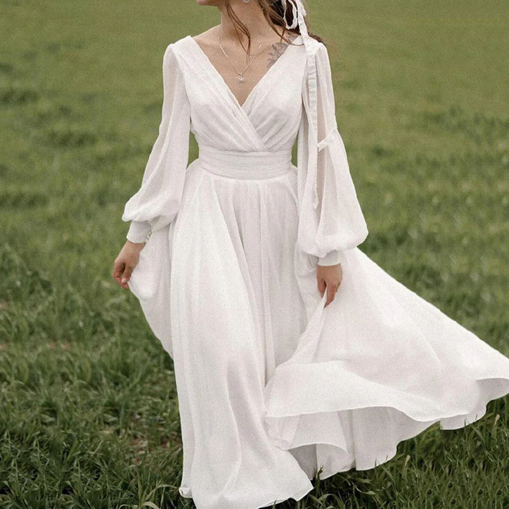 

Vestido De Novia Bohemian A Line Wedding Dress Romantic Garden Bridal Gowns Long Lantern Sleeve Chiffon Elegant Mid Calf