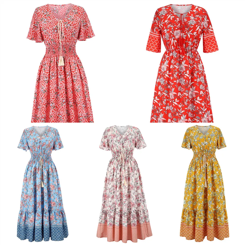 Summer Dresses Plus Size Casual Elastic Waist Boho Women Beach Floral Print Vintage Midi Dress