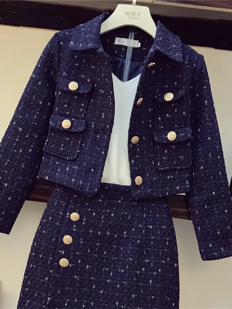 Женский твидовый короткий пиджак + облегающая шерстяная юбка в стиле ретро